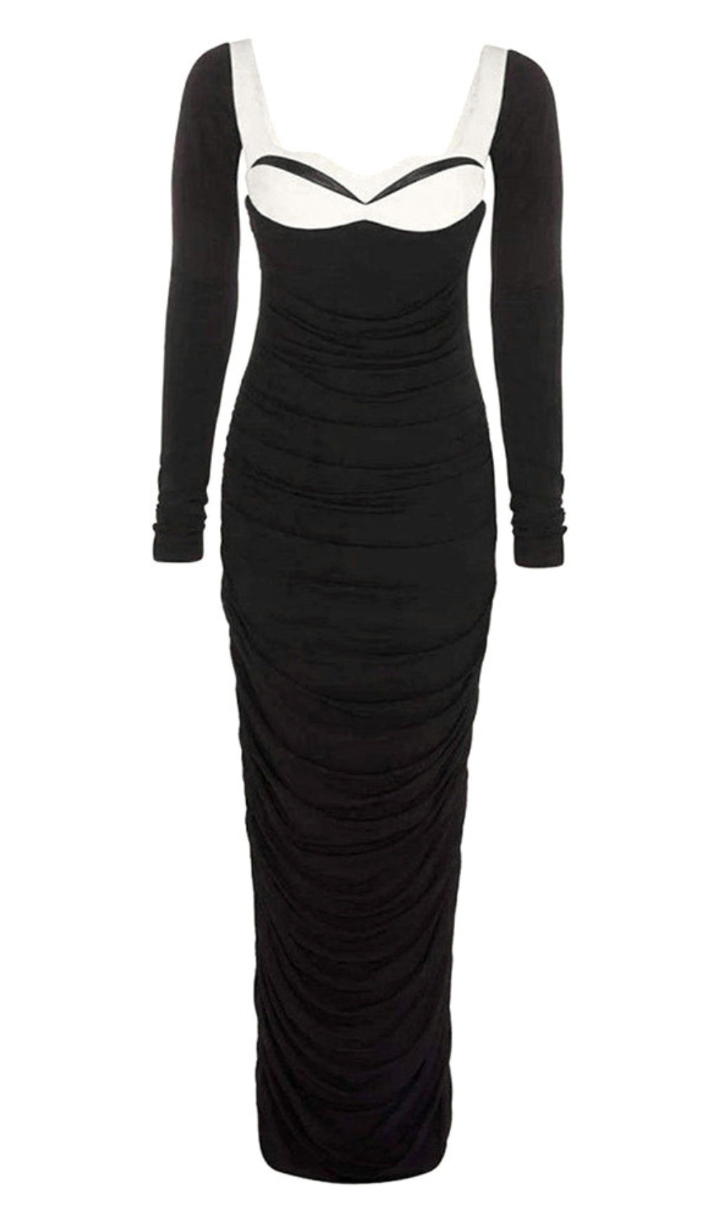 RUCHED LONG - SLEEVE MAXI DRESS IN BLACK AND WHITE