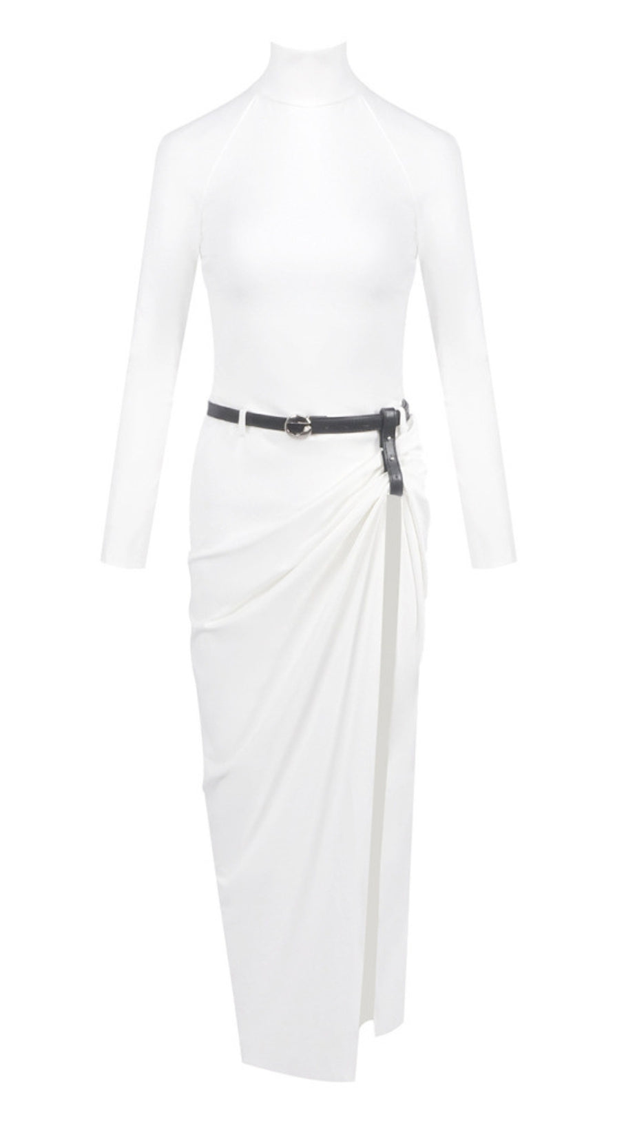 TURTLENECK BELTED DRAPED SLIT MAXI DRESS IN WHITE