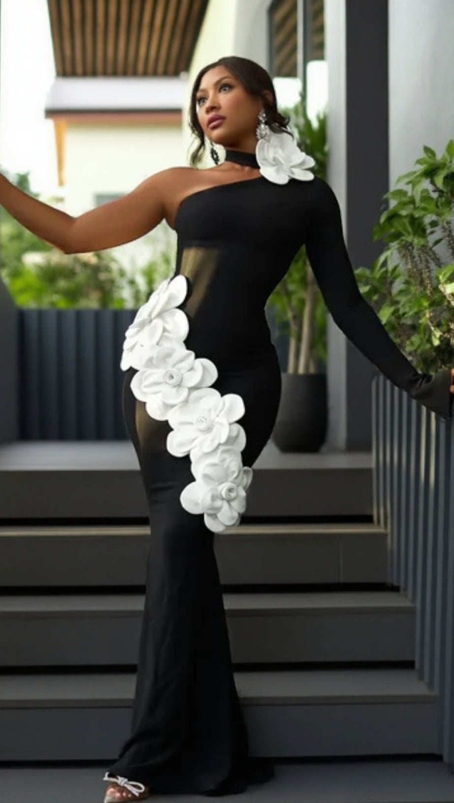 GEMMA ONE SHOULDER 3D FLOWER BANDAGE MAXI DRESS IN BLACK