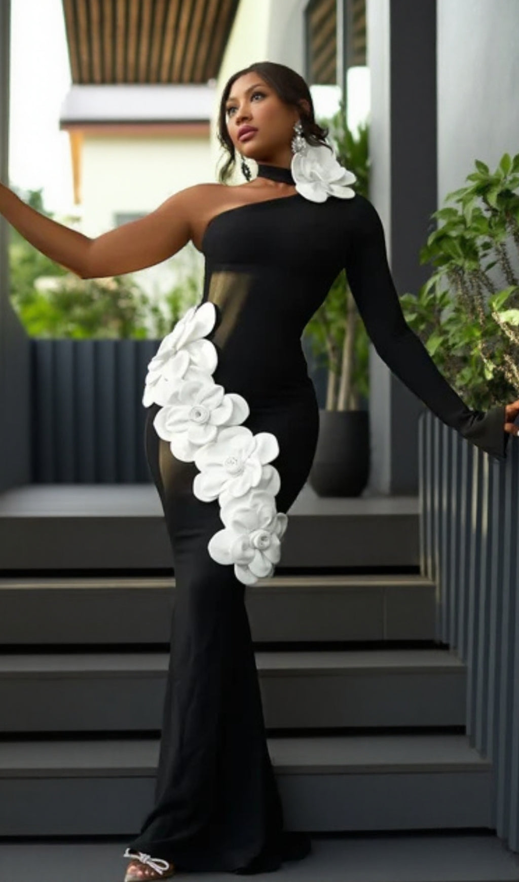 GEMMA ONE SHOULDER 3D FLOWER BANDAGE MAXI DRESS IN BLACK