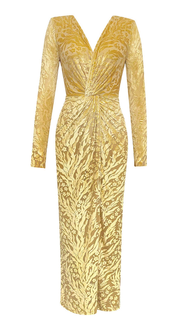 AIIZIE FLORAL - PATTERNED V - NECK LONG - SLEEVE MIDI DRESS IN GOLD - product image