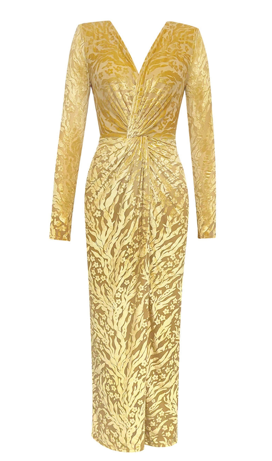Abito midi a maniche lunghe con scollo a V e fantasia floreale in oro