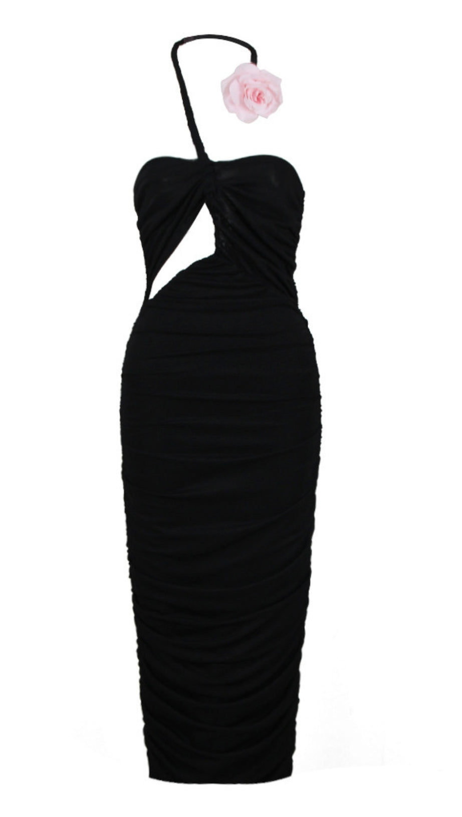 HALTER - NECK CUTOUT RUCHED MIDI DRESS WITH PINK ROSE IN BLACK