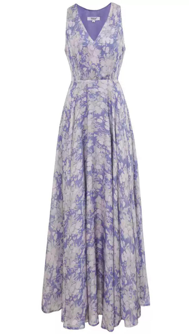 AIIZIE PURPLE ELEGANT FLORAL MAXI DRESS WITH V - NECK AND FLOWY SKIRT - product image