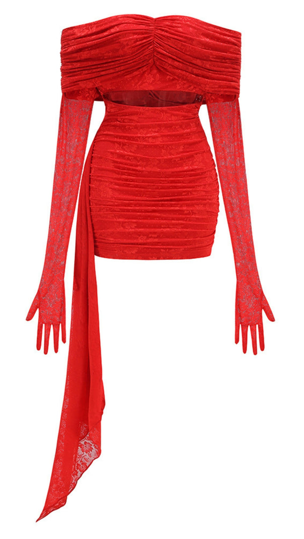 AIIZIE RED OFF - SHOULDER LACE GLOVE - ATTACHED MINI DRESS - product image