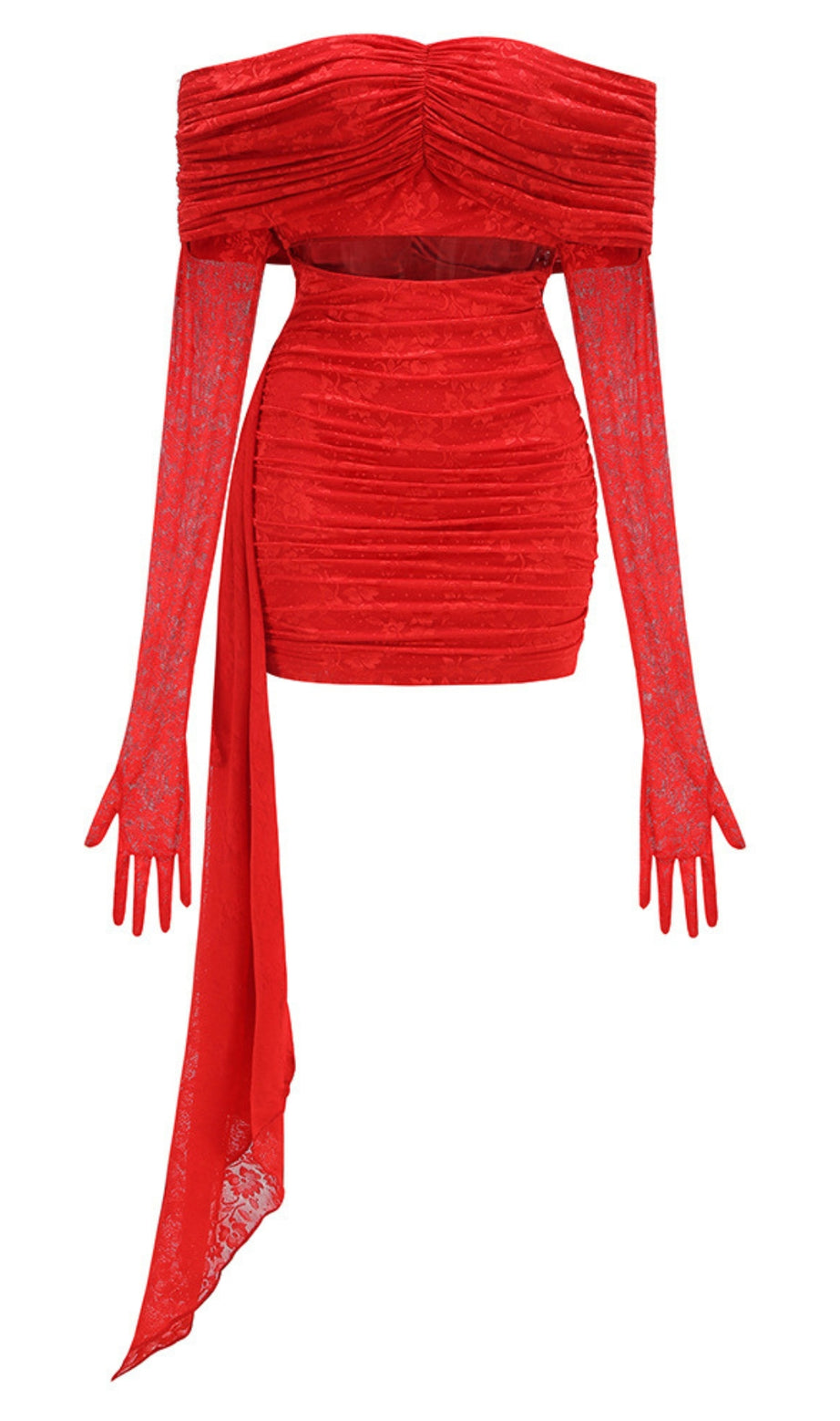 Red Off - Shoulder Lace Glove - Attached Mini Dress