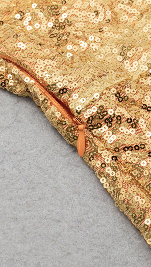 AIIZIE SEQUIN ONE - SHOULDER KNOT - DETAIL MIDI DRESS IN GOLD - product image