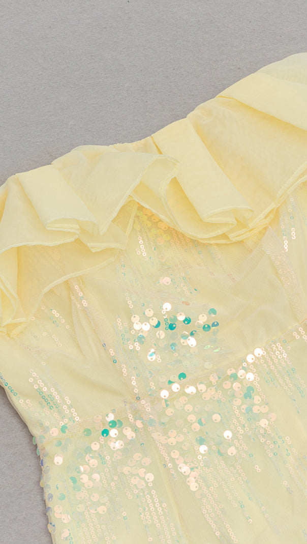 AIIZIE SEQUIN RUFFLE - NECK OFF - SHOULDER MERMAID GOWN IN YELLOW - product image