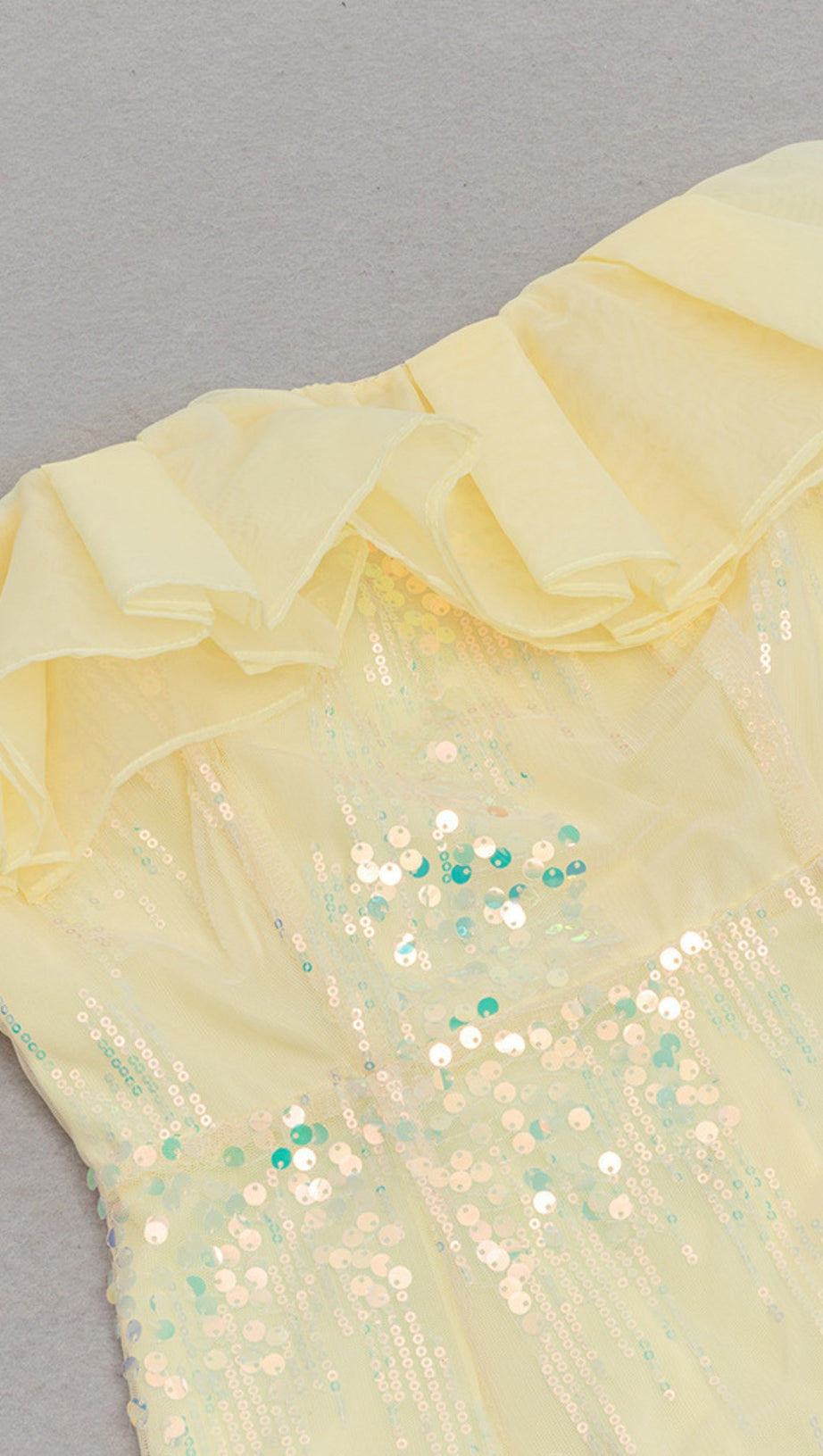 SEQUIN RUFFLE - NECK OFF - SHOULDER MERMAID GOWN IN YELLOW