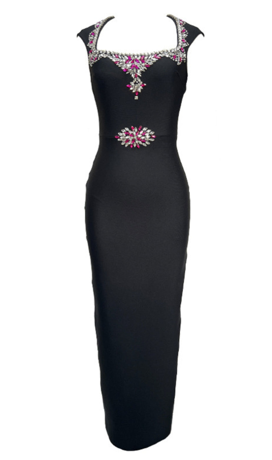 Square Neck Pink Rhinestone Embellished Midi Dress in Black