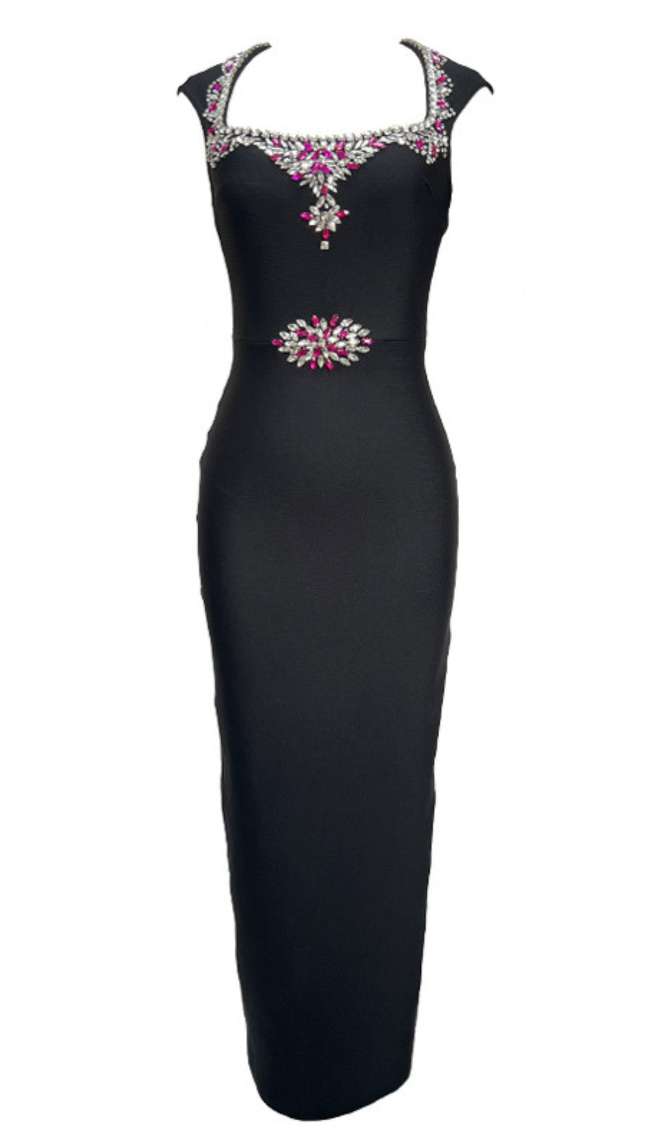 Schwarzes Midikleid mit quadratischem Ausschnitt und rosa Strassverzierung