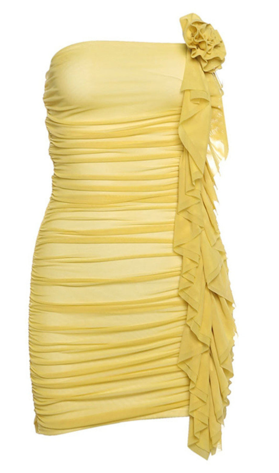 Yellow Strapless Ruffled Flower - Decor HOCO MINI DRESS