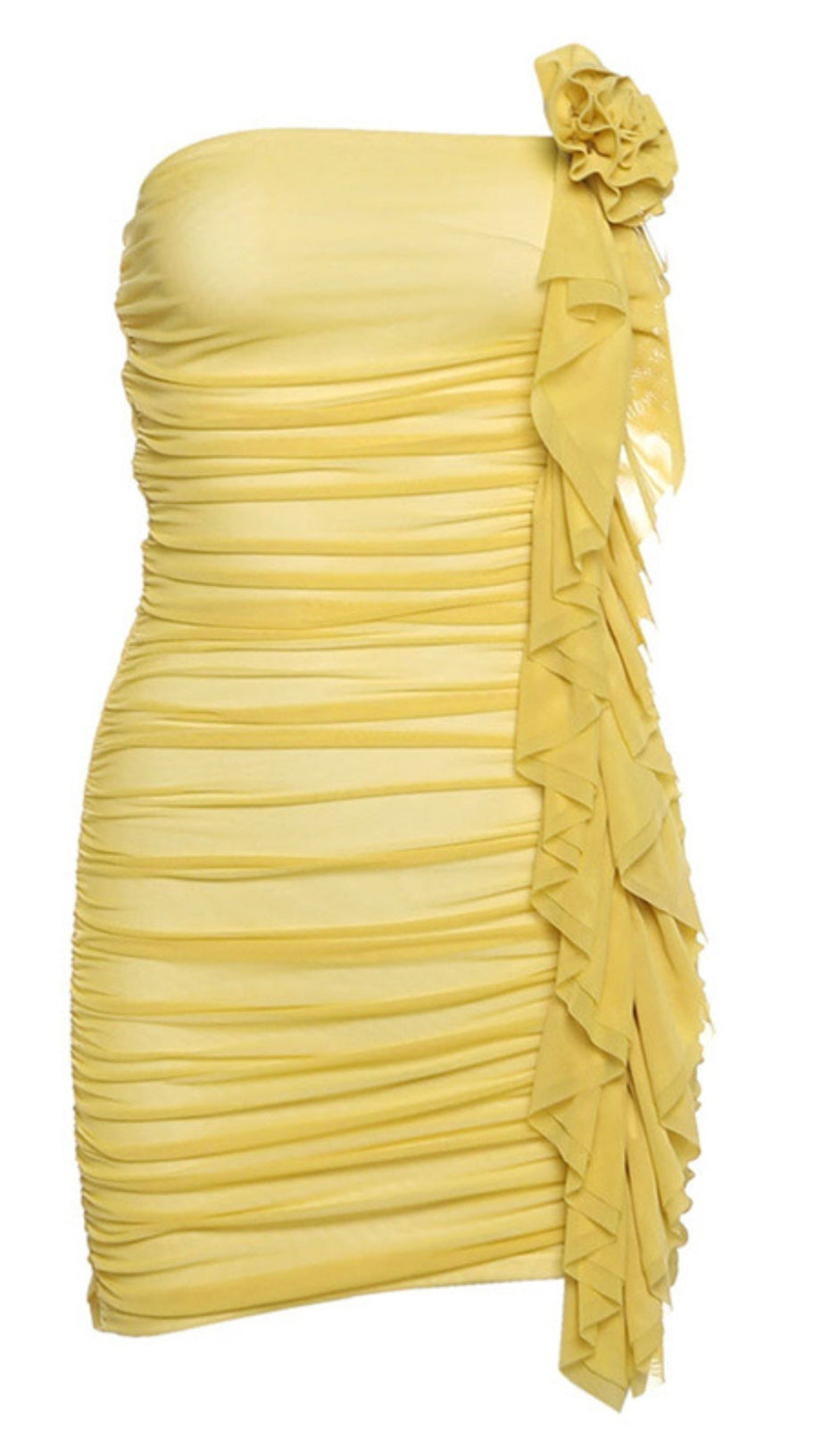 Gelbes trägerloses HOCO-Minikleid mit Blumendekor und Rüschen