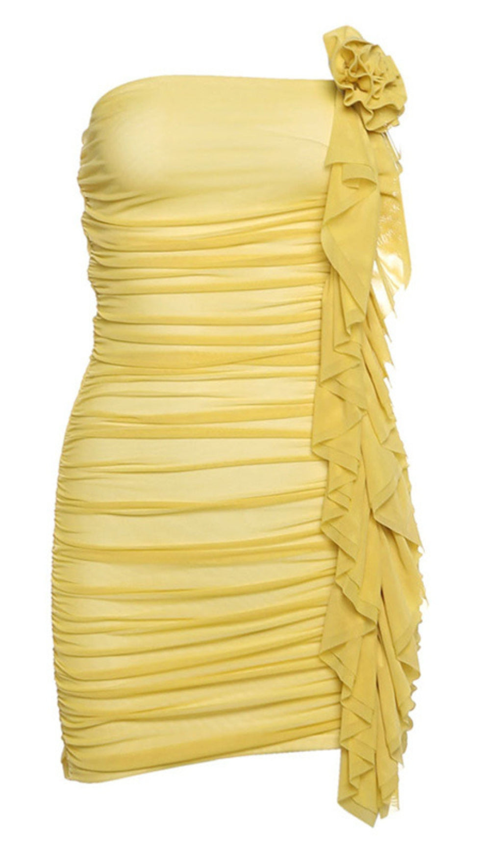 Gelbes trägerloses HOCO-Minikleid mit Blumendekor und Rüschen