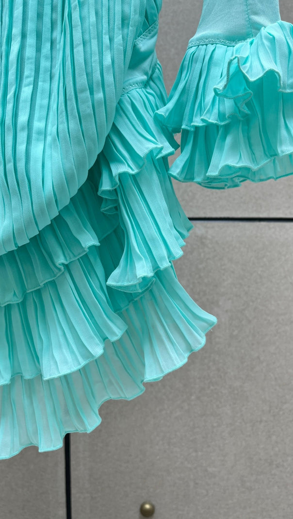 AIIZIE HALTER PLEATED RUFFLE MINI DRESS IN GREEN - product image