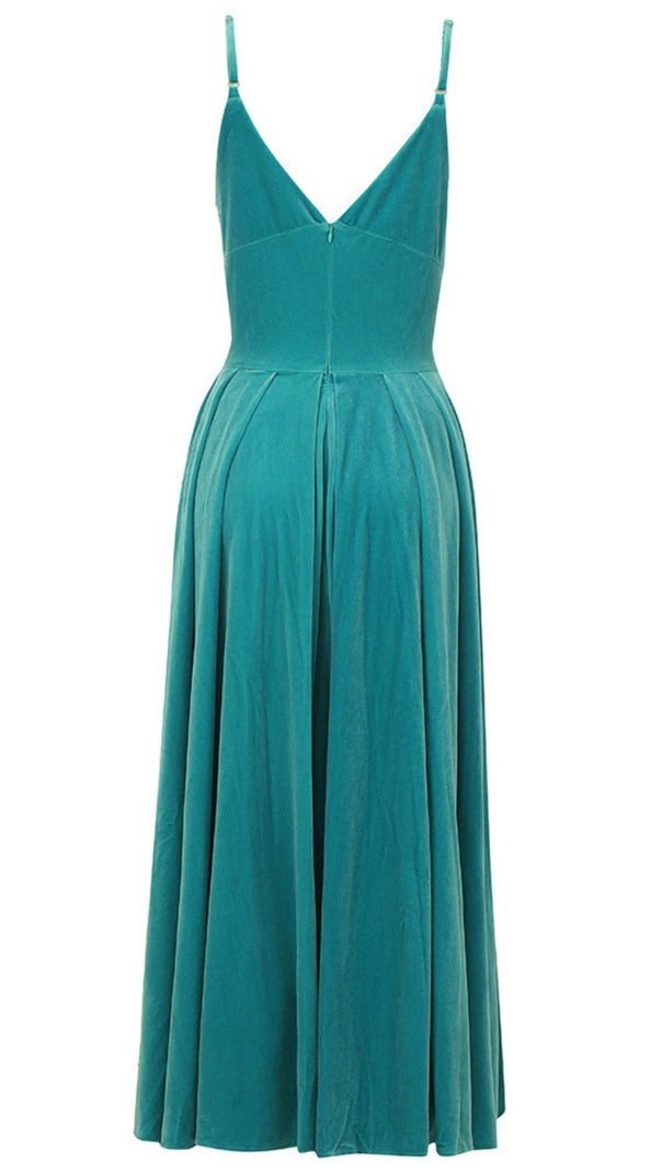 AIIZIE VELVET BUTTON - FRONT SPAGHETTI STRAP MAXI DRESS IN TEAL - product image