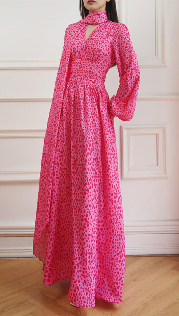 AIIZIE PINK LEOPARD PRINT CHIFFON MAXI DRESS WITH TIE NECKLINE - product image