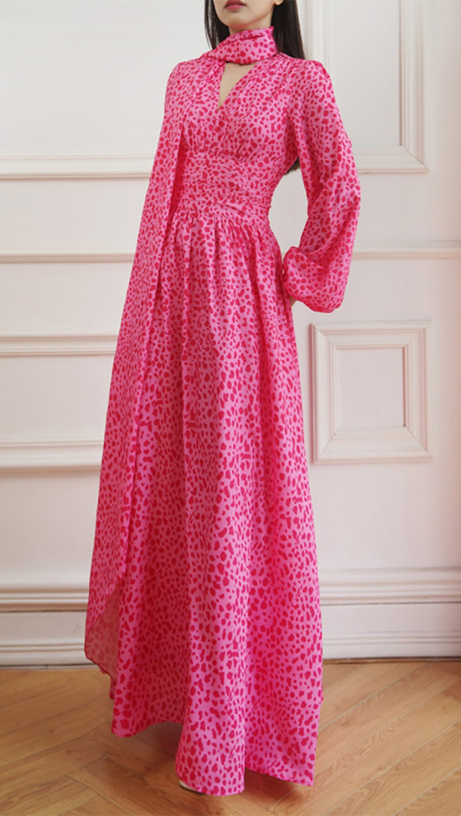 PINK LEOPARD PRINT CHIFFON MAXI DRESS WITH TIE NECKLINE