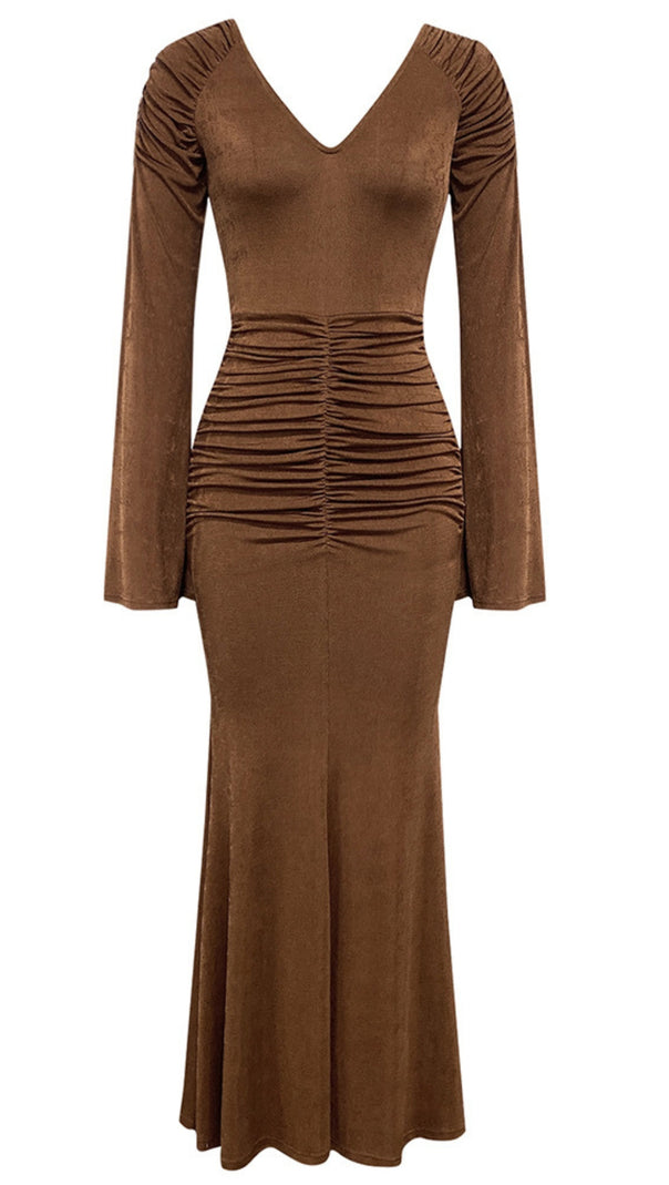 AIIZIE V - NECK RUCHED LONG - SLEEVE MIDI DRESS IN BROWN - product image