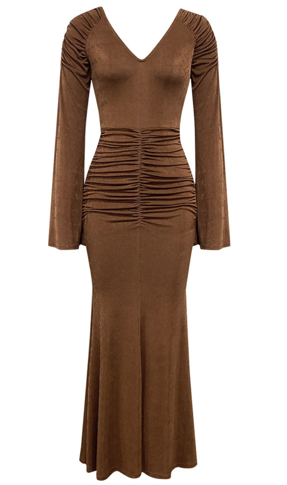V - Neck Ruched Long - Sleeve Midi Dress in Brown