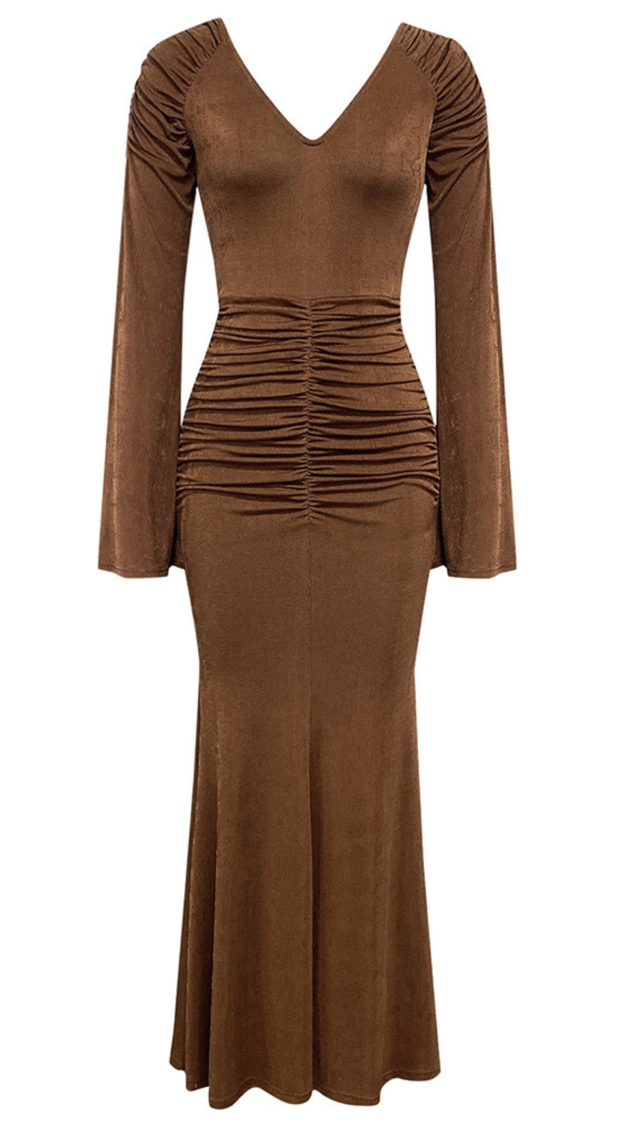 V - NECK RUCHED LONG - SLEEVE MIDI DRESS IN BROWN