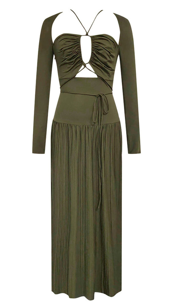 AIIZIE CUT - OUT TIE - WAIST MIDI DRESS IN OLIVE GREEN - product image