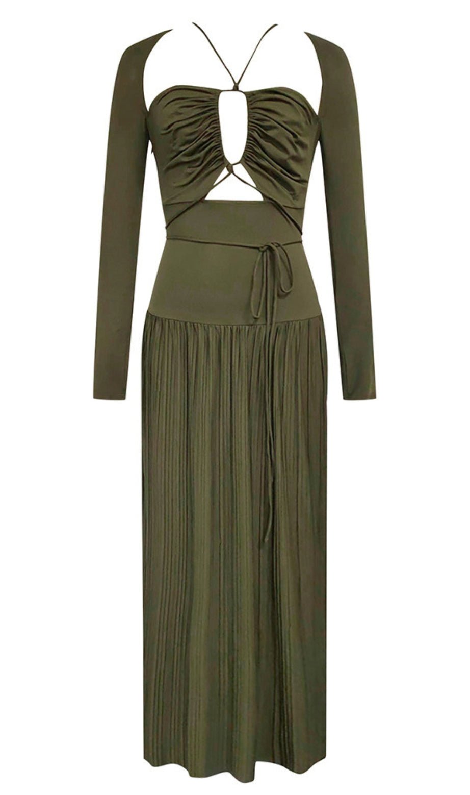 Cut - Out Tie - Waist MiDI Dress in Olive Green