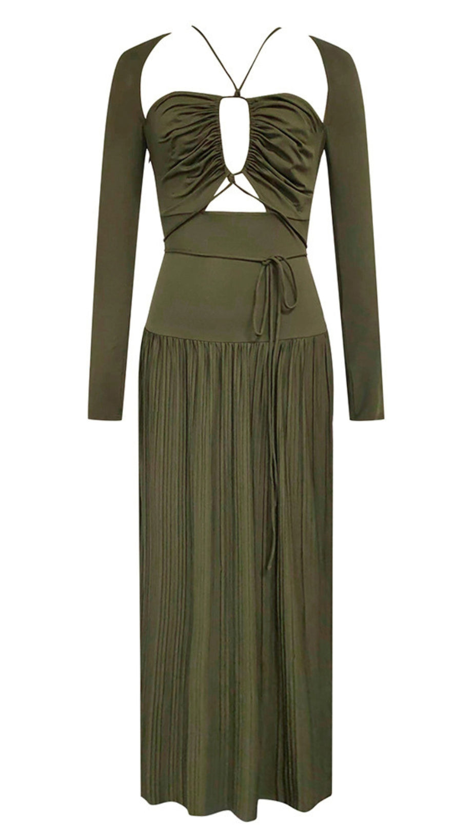 Midikleid mit Cut-Outs und Bindegürtel in Olivgrün