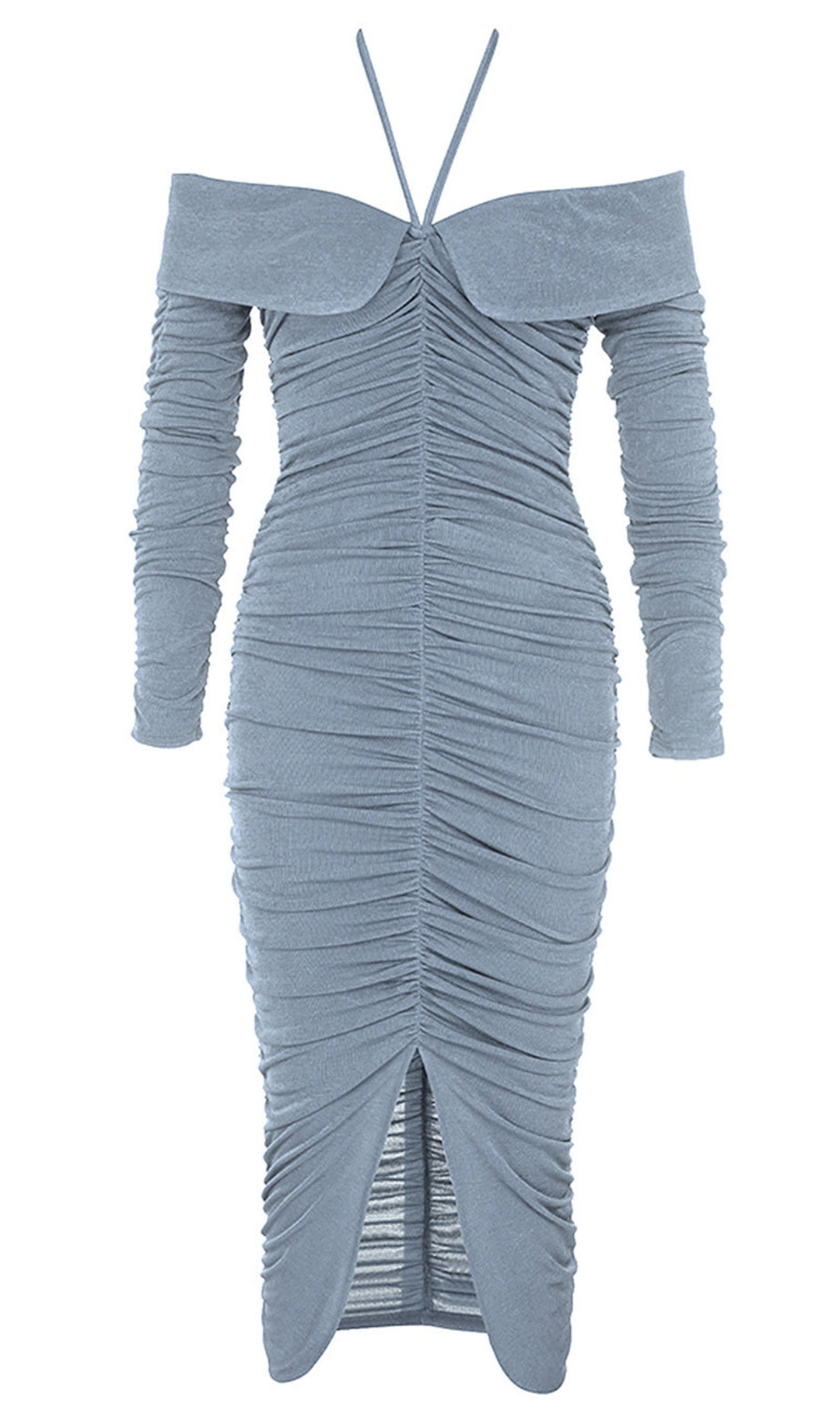 Abito midi con scollo all'americana, spalle scoperte, spacco arricciato, colore azzurro 