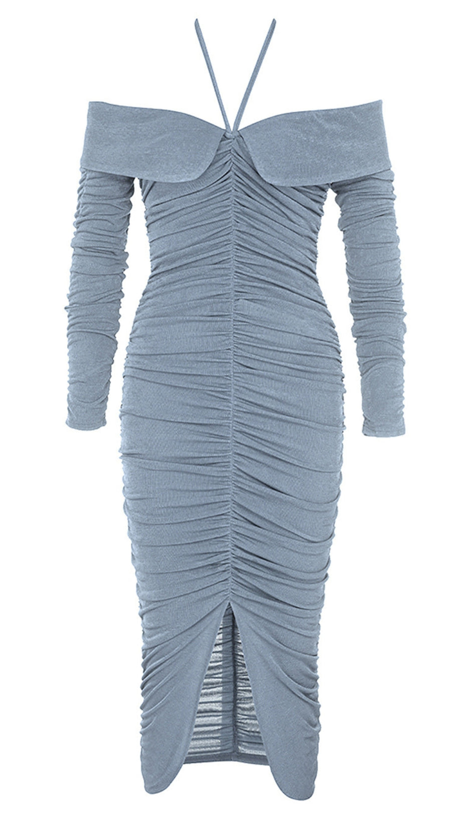 HALTER OFF - SHOULDER RUCHED SLIT MIDI DRESS IN LIGHT BLUE