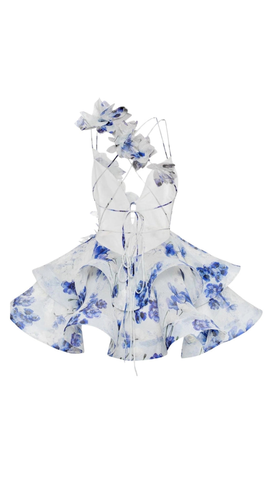HELEN 3D FLOWER CHIFFON RUFFLE MINI DRESS IN BLUE