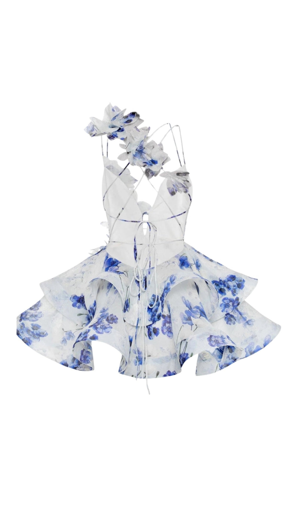AIIZIE HELEN 3D FLOWER CHIFFON RUFFLE MINI DRESS IN BLUE - product image