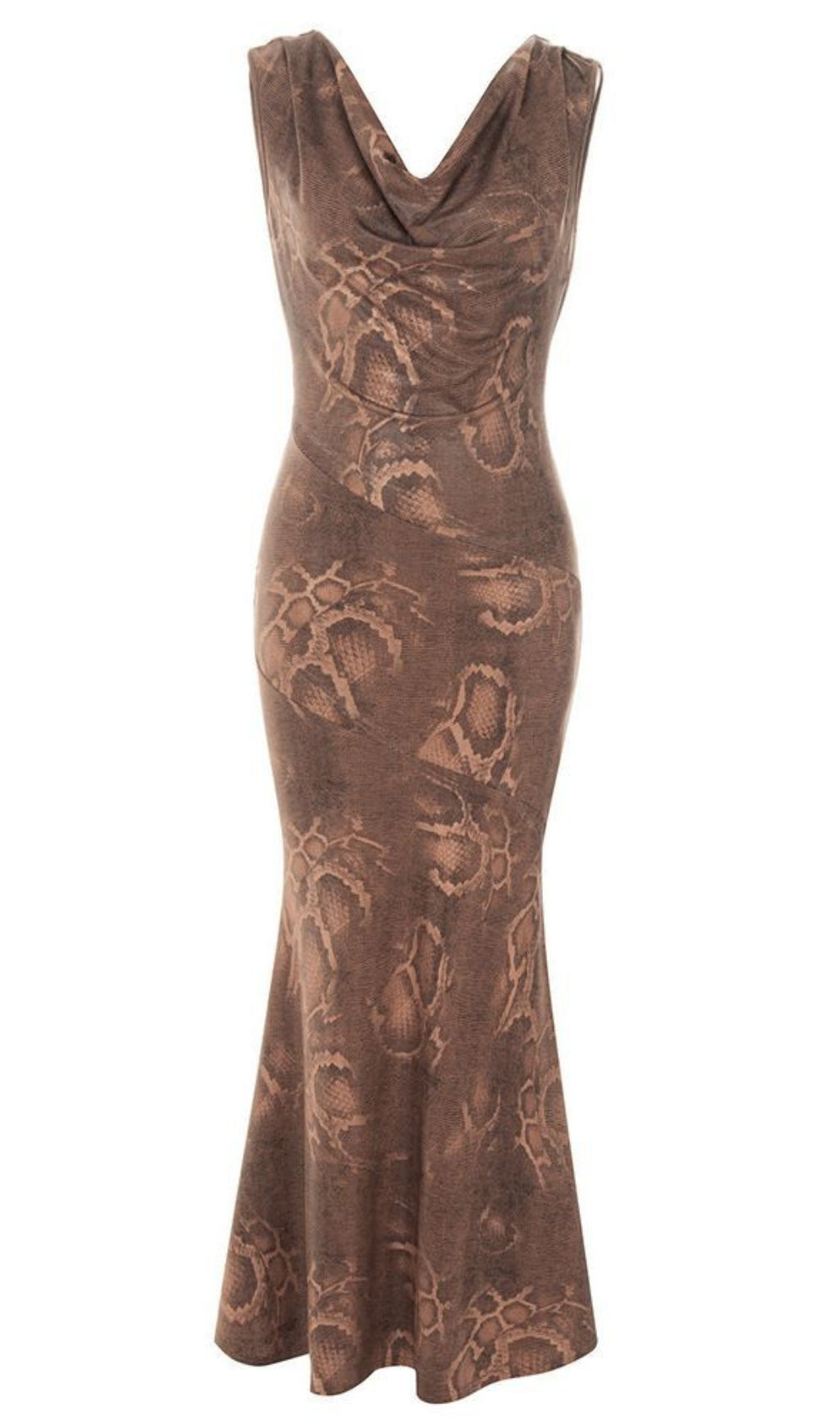 SNAKE - PRINT COWL - NECK MERMAID MIDI DRESS