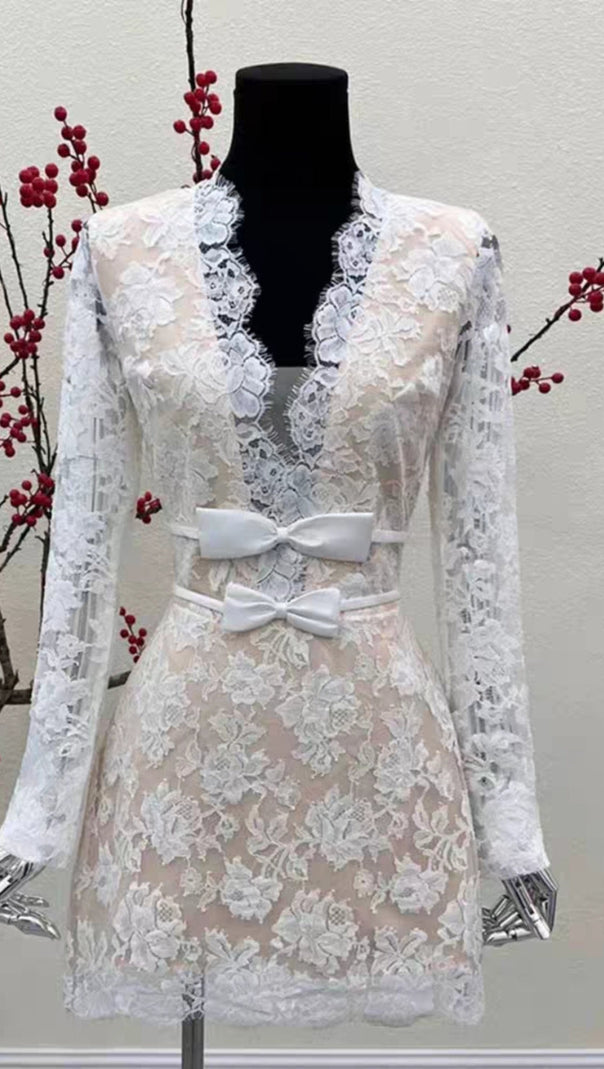 AIIZIE FLOWER LACE LONG SLEEVE MINI DRESS IN WHITE - product image