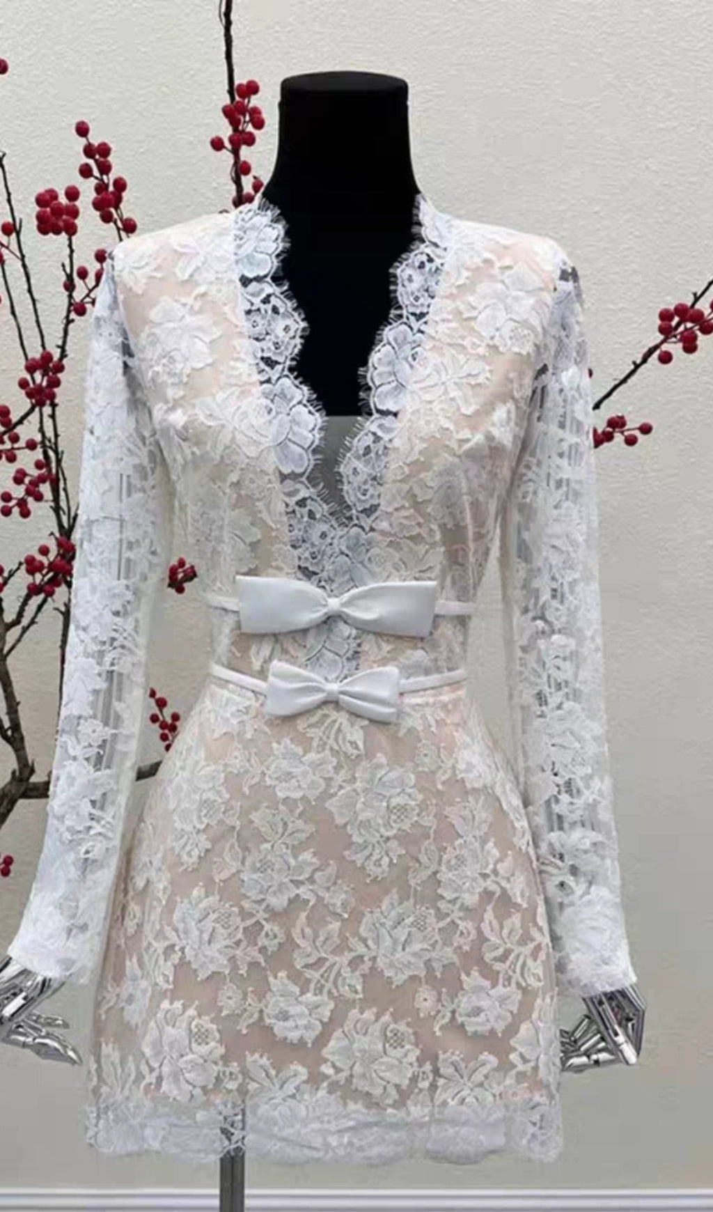 AIIZIE FLOWER LACE LONG SLEEVE MINI DRESS IN WHITE - product image
