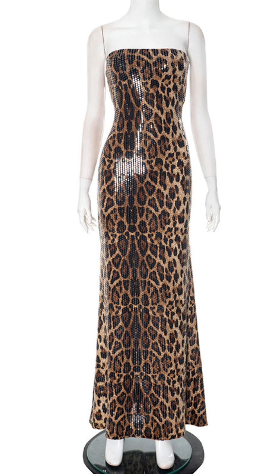LEOPARD PRINT STRAPLESS SEQUIN MAXI DRESS