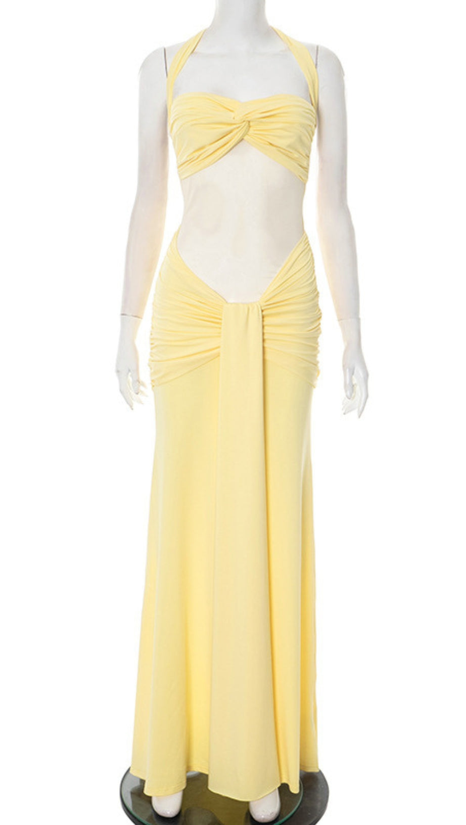 HALTER NECK TWIST CUTOUT RUCHED MAXI DRESS IN YELLOW