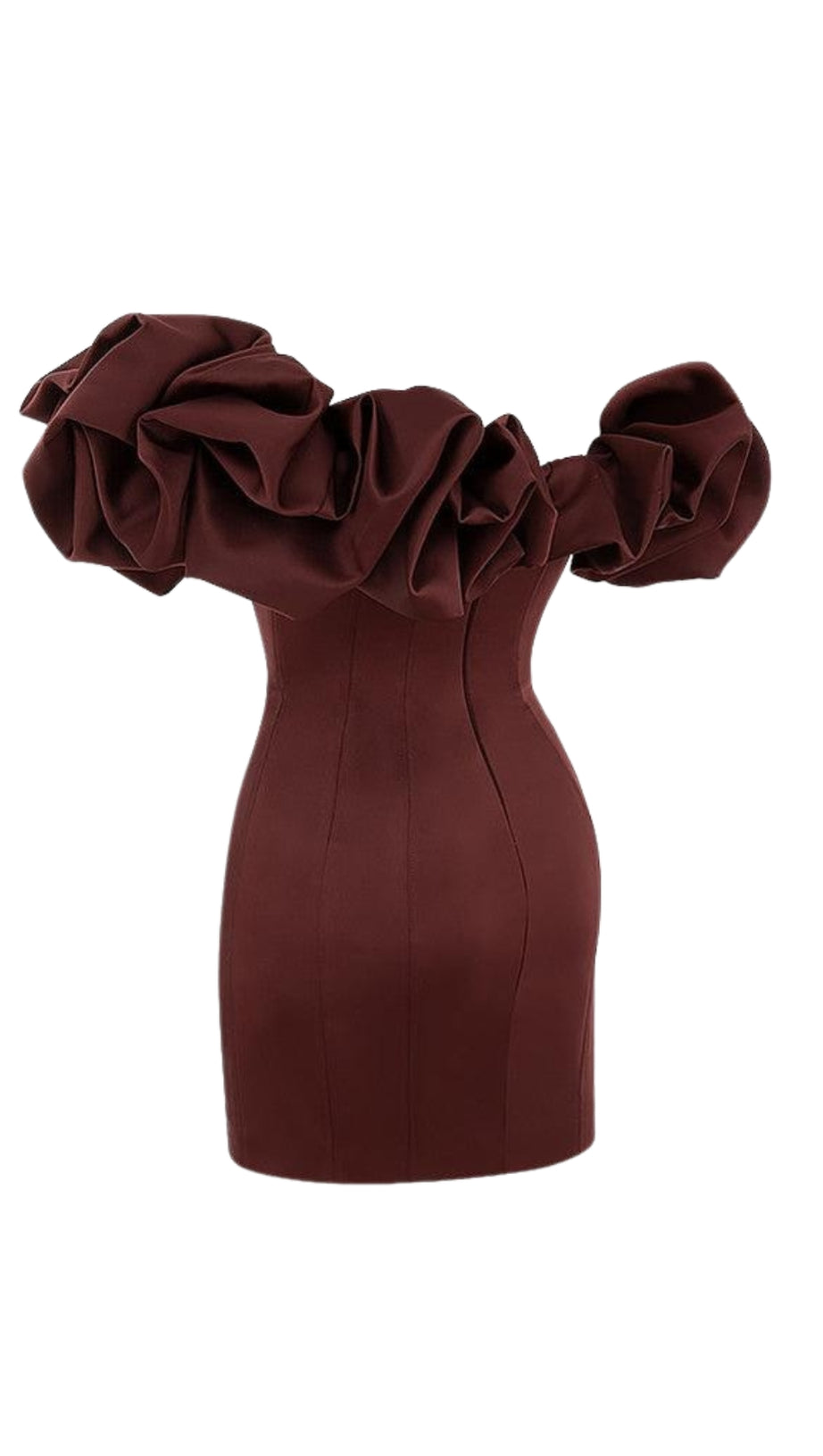 BURGUNDY SATIN RUFFLE STRAPLESS MINI DRESS
