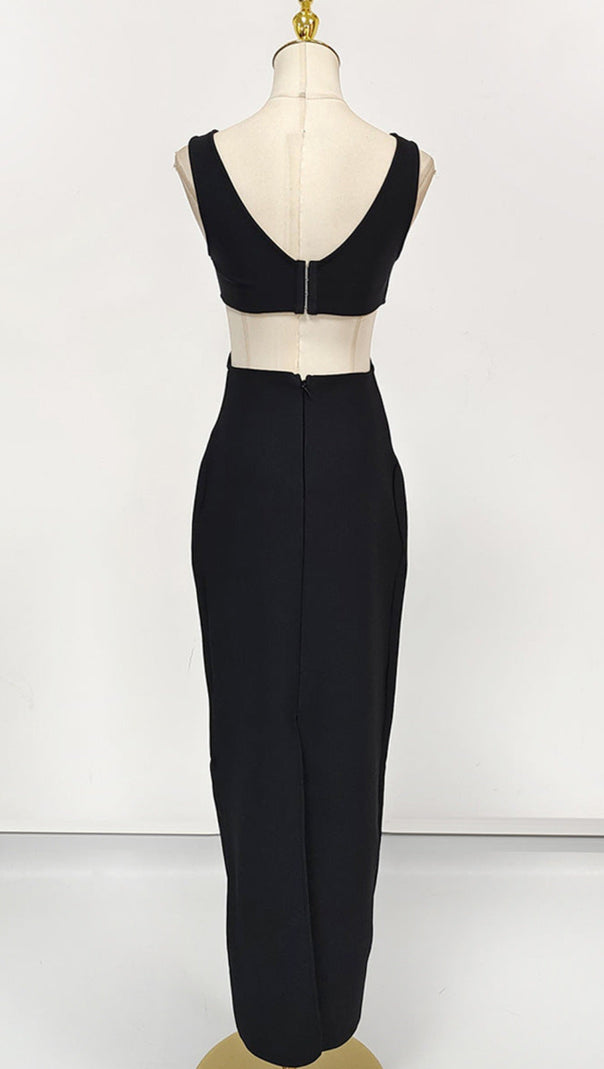 AIIZIE FLOWER V-NECK HOLLOW OUT MAXI DRESS IN BLACK - product image
