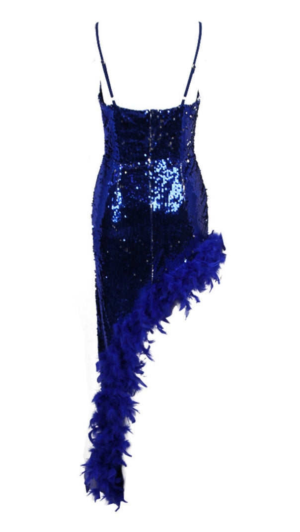AIIZIE SEQUIN FEATHER - TRIMMED DEEP - V MIDI DRESS IN BLUE - product image