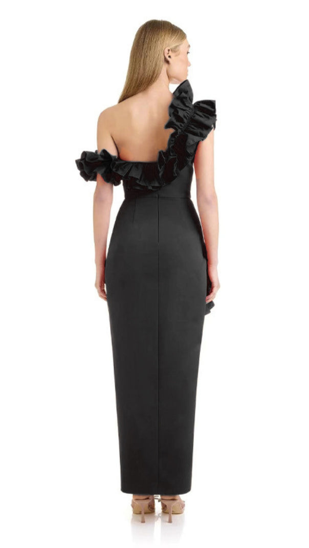 AIIZIE ONE - SHOULDER RUFFLE - TRIMMED SLIT MIDI DRESS IN BLACK - product image