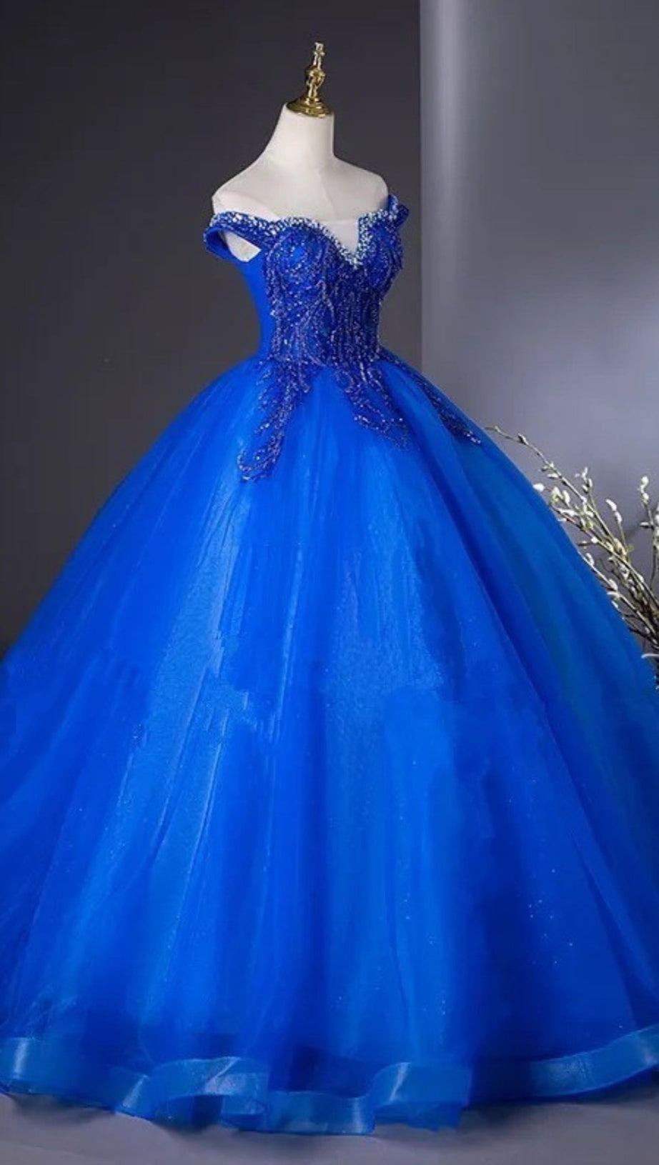 ROYAL BLUE BEADED CORSET BALL GOWN OFF SHOULDER PRINCESS