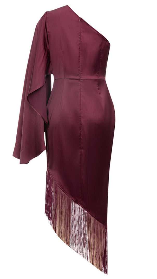 AIIZIE ONE - SHOULDER FRINGE - HEM SATIN MIDI DRESS IN BURGUNDY - product image