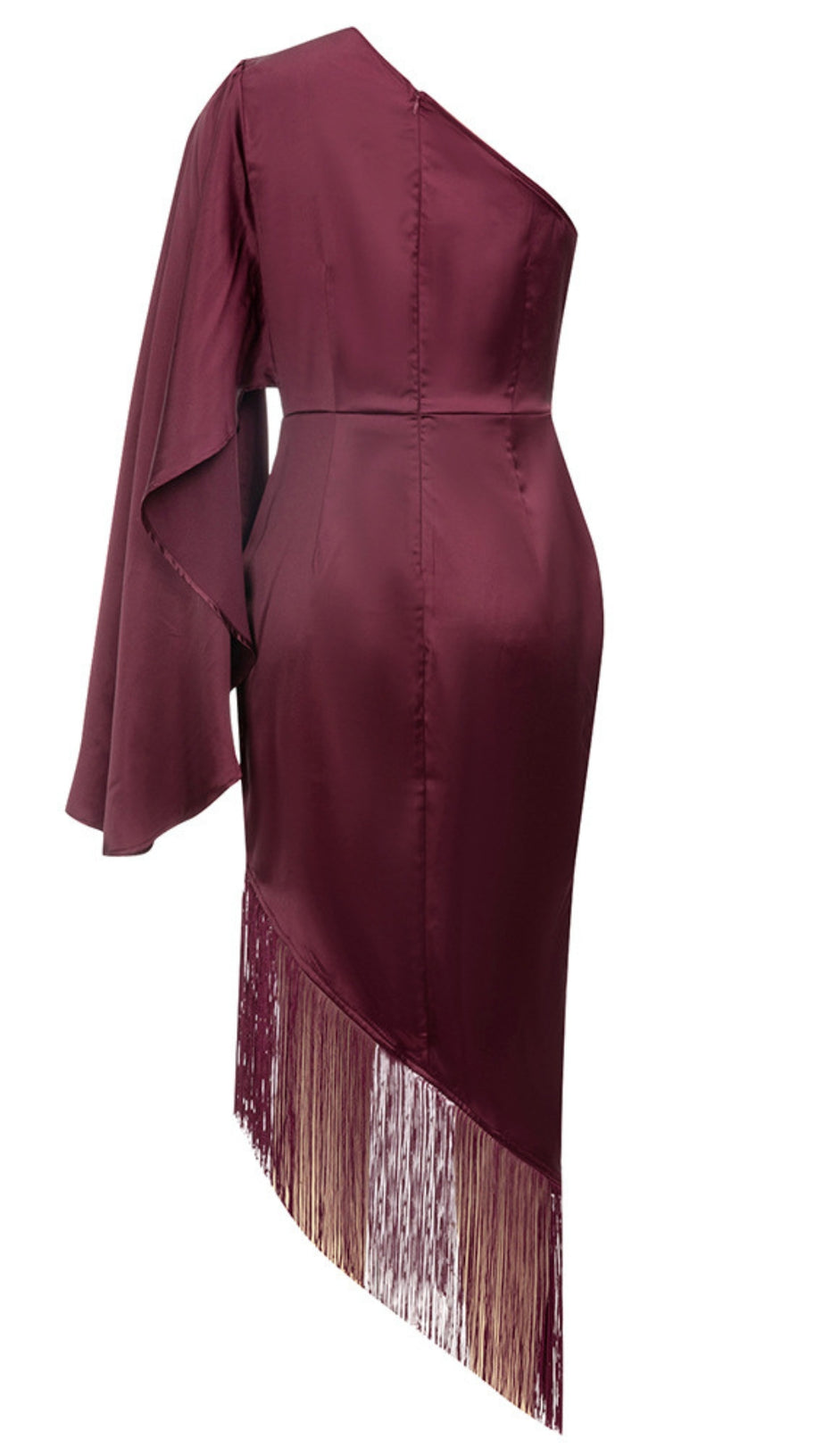 ONE - SHOULDER FRINGE - HEM SATIN MIDI DRESS IN BURGUNDY