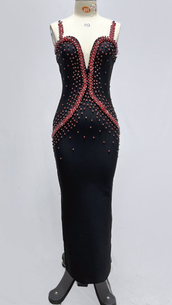 AIIZIE BLACK SPAGHETTI STRAP RED RHINESTONE MERMAID MIDI DRESS - product image