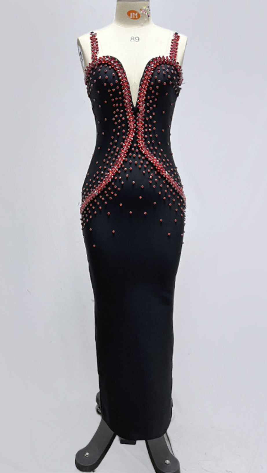 BLACK SPAGHETTI STRAP RED RHINESTONE MERMAID MIDI DRESS