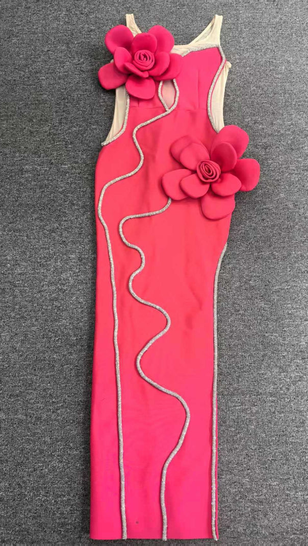 AIIZIE DIAMOND 3D FLOWER SEQUIN BANDAGE MAXI DRESS IN ROSE RED - product image