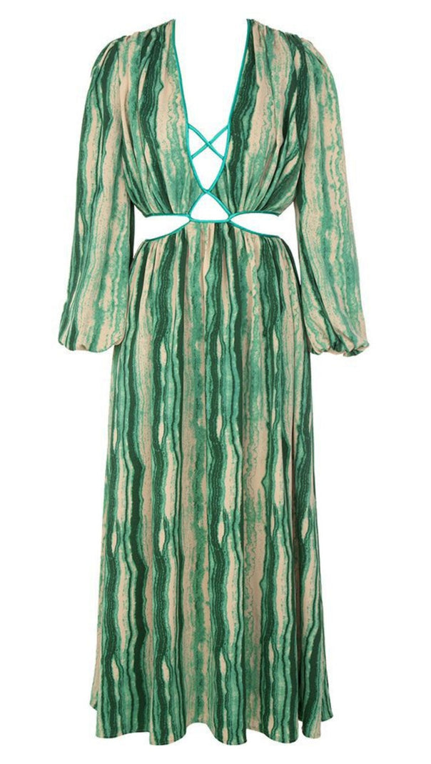 AIIZIE STRIPED CUTOUT V - NECK PUFF - SLEEVE MAXI DRESS IN GREEN - product image