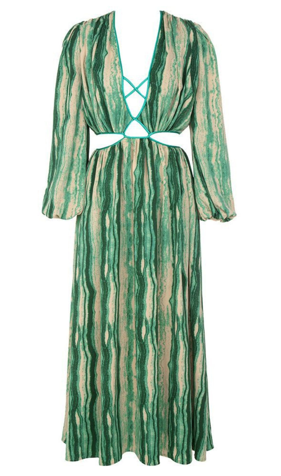 Striped Cutout V - Neck Puff - Sleeve Maxi Dress in Green