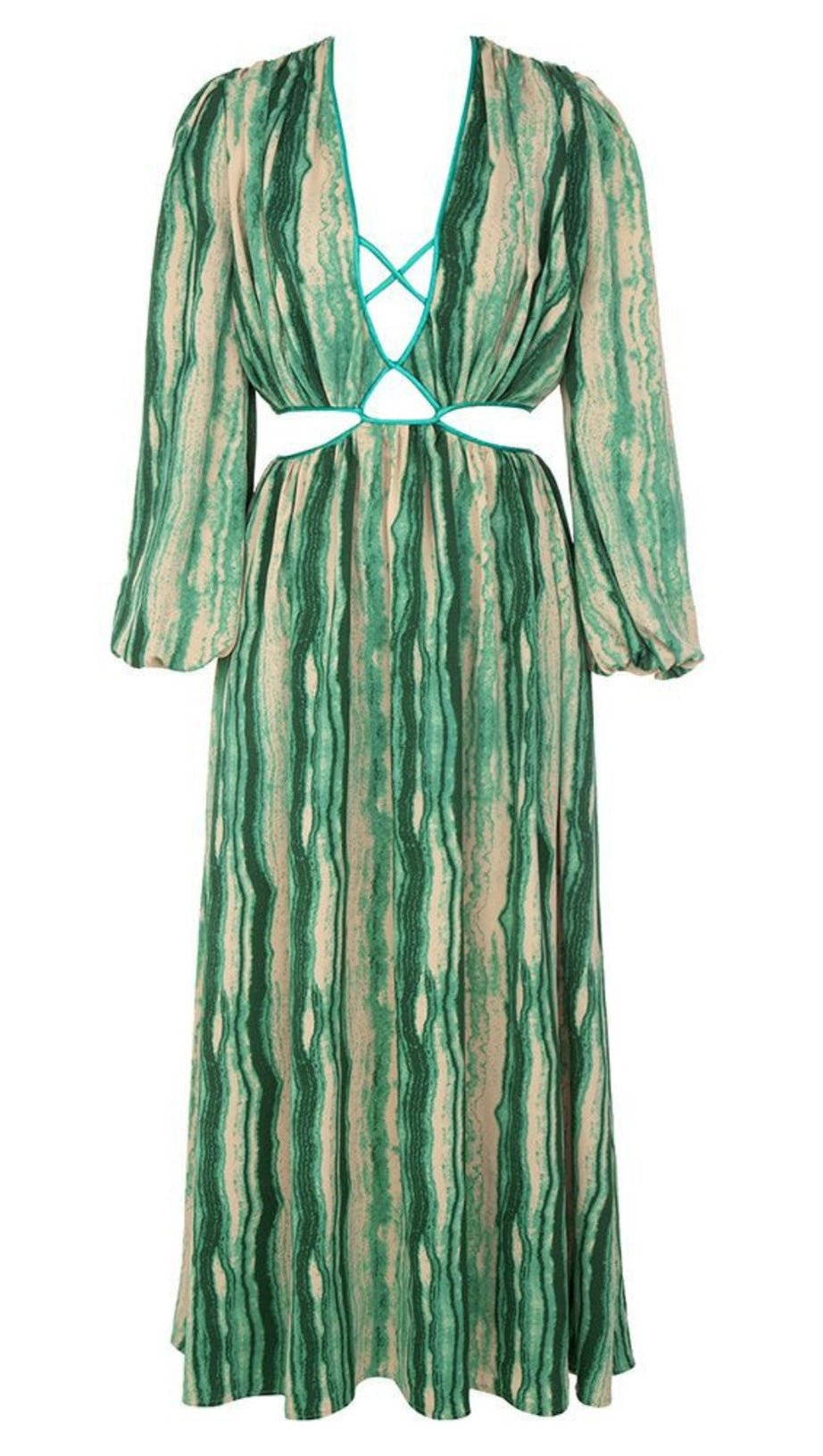 STRIPED CUTOUT V - NECK PUFF - SLEEVE MAXI DRESS IN GREEN